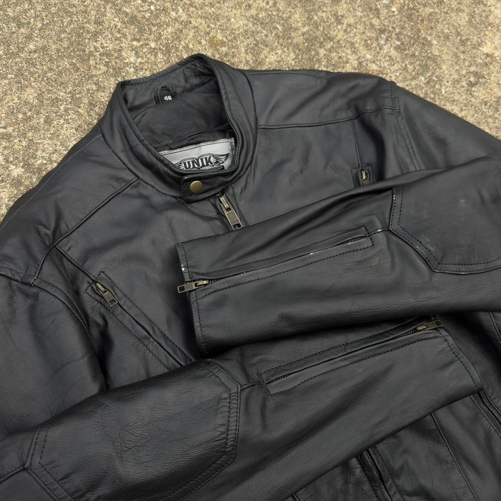 Vintage Unik Leather Motorcycle Jacket Black Mens Large 46 Biker Zip b4